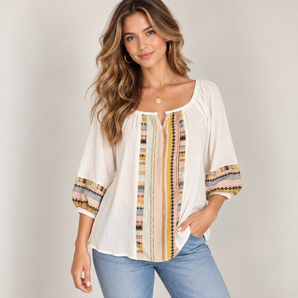 Anthropologie Fig & Flower Peasant Blouse L Embroidered Boho Contrast Placket